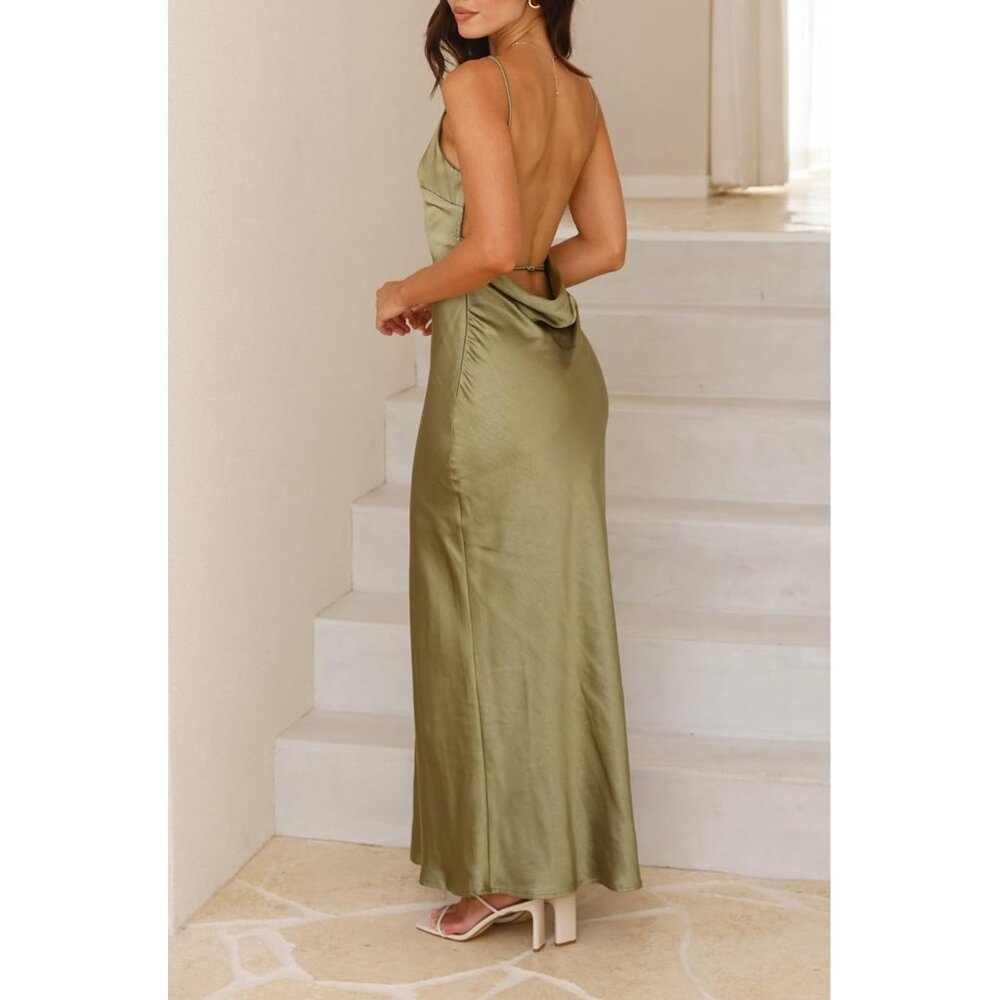 Women's Olive Elegant Silk Formal Sleeveless Backless Spaghetti Strap Maxi - Picture 3 of 5